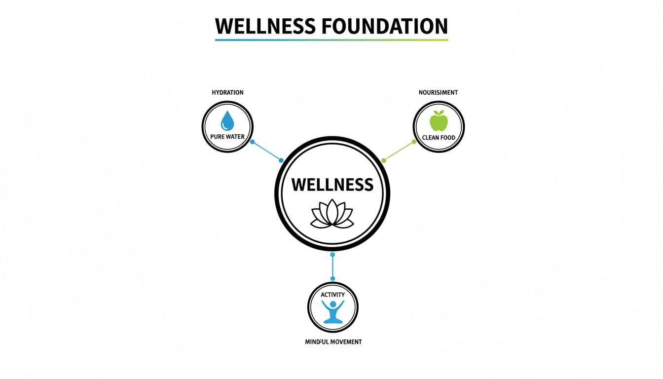An infographic illustrating the three core foundations of wellness: hydration, nourishment, and activity.
