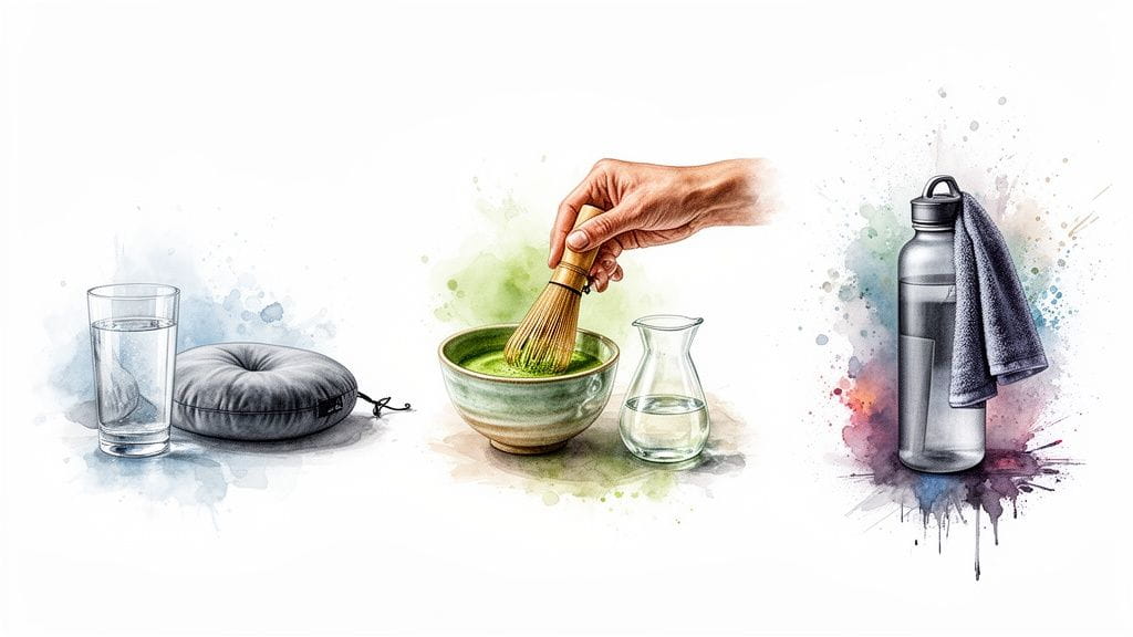 Watercolor illustration showing a glass of water, matcha tea preparation, and a water bottle with a towel.