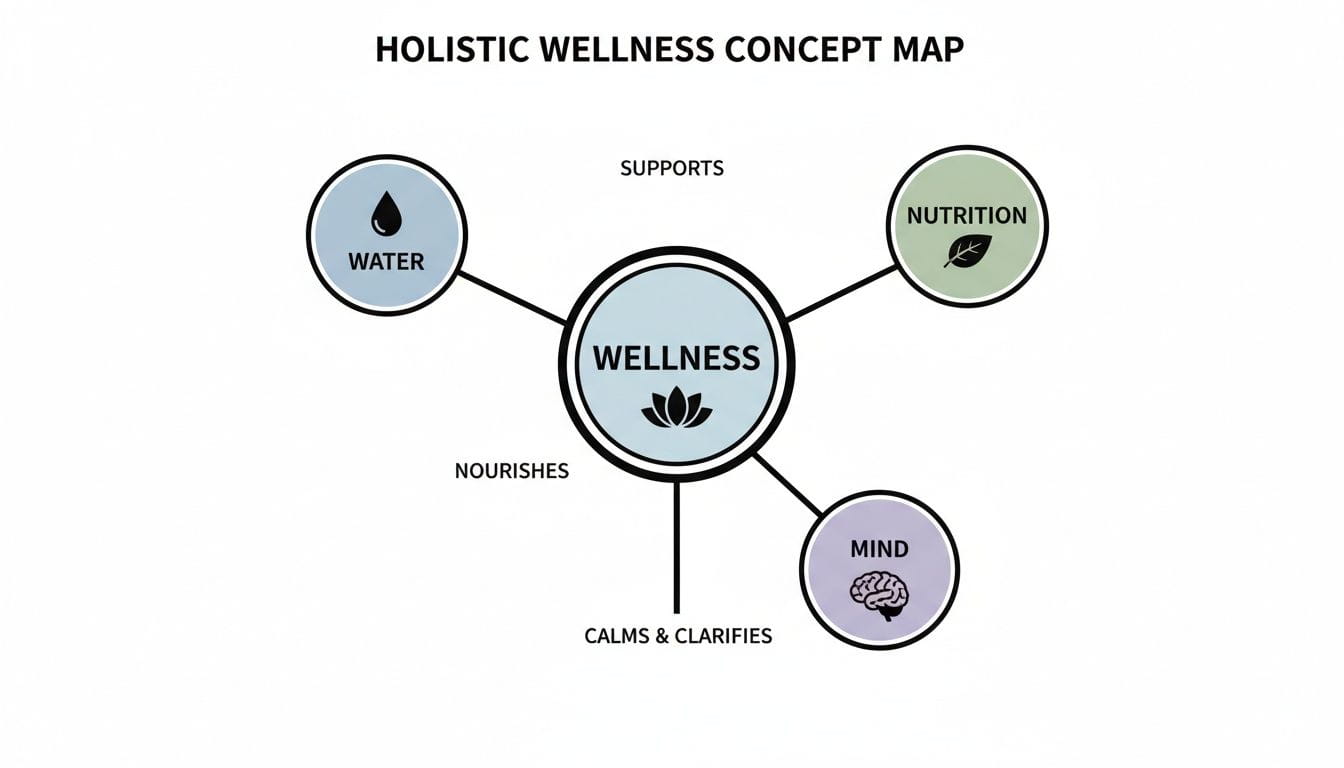 A holistic wellness concept map illustrating how water, nutrition, and mind contribute to overall well-being.