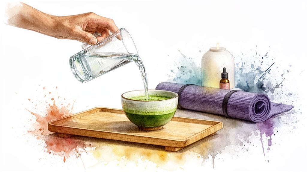 A hand pours water into a matcha tea bowl on a wooden tray, with a yoga mat and essential oils.