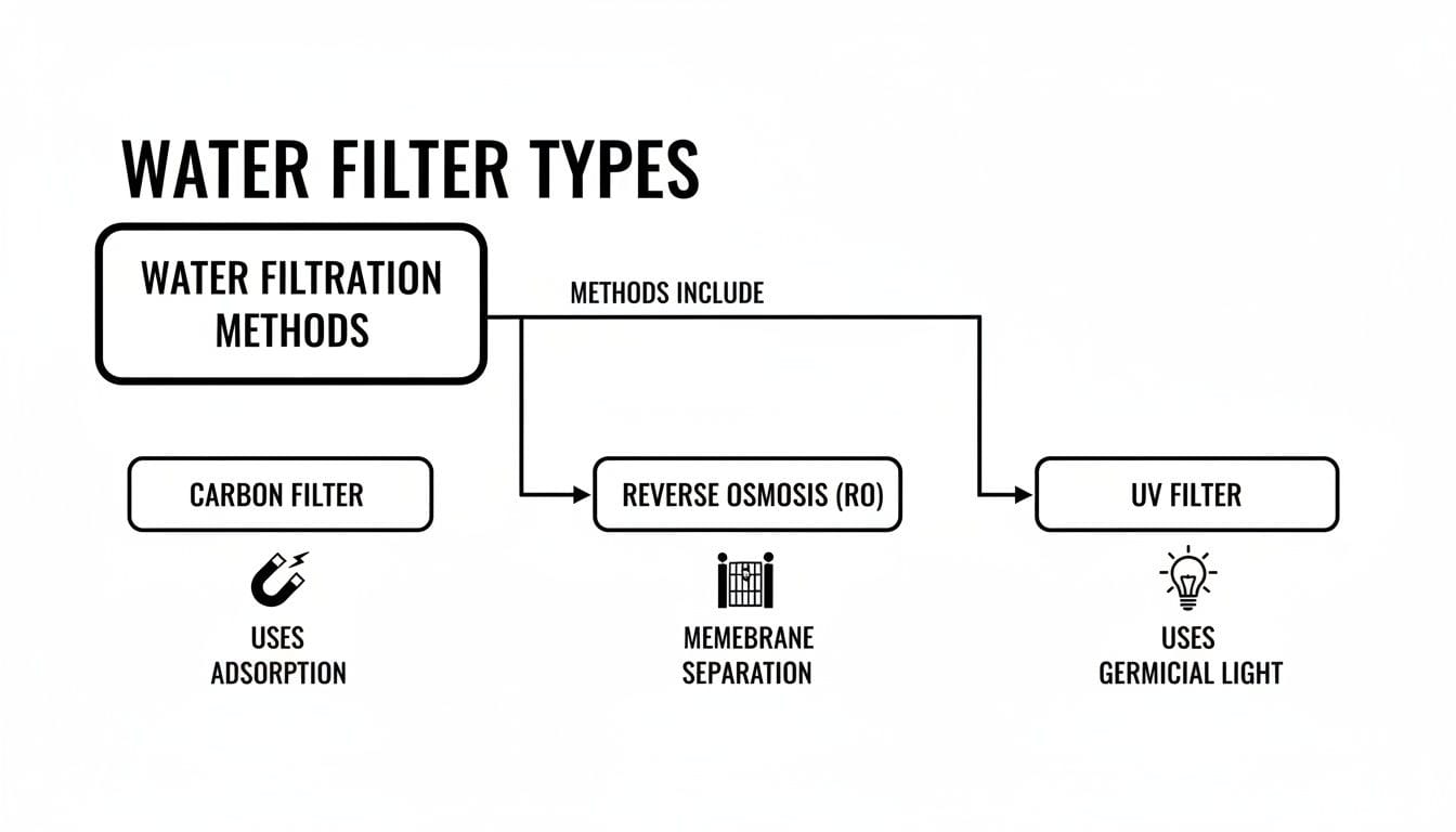 A diagram illustrating different water filter types: Carbon filter, Reverse Osmosis (RO), and UV filter.