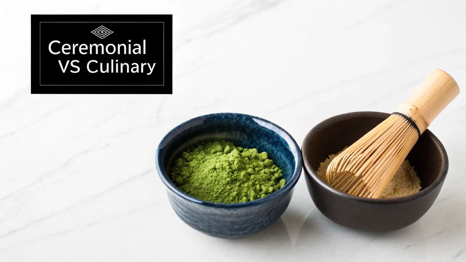 Ceremonial vs Culinary matcha green tea powders in bowls with a bamboo whisk.