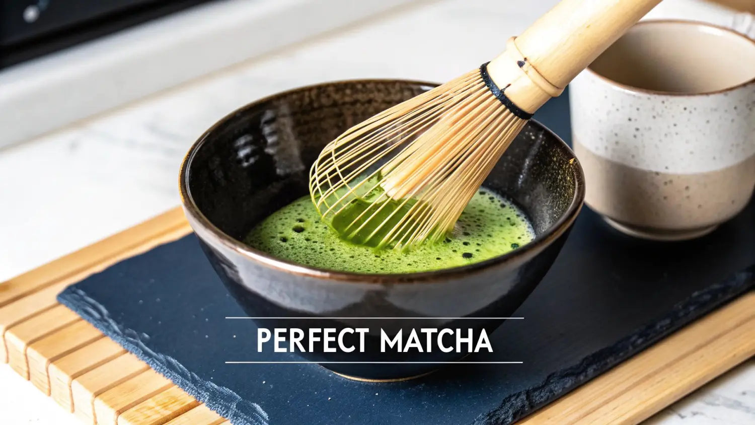 A bamboo whisk frothing vibrant green matcha tea in a dark bowl, with a ceramic cup nearby.