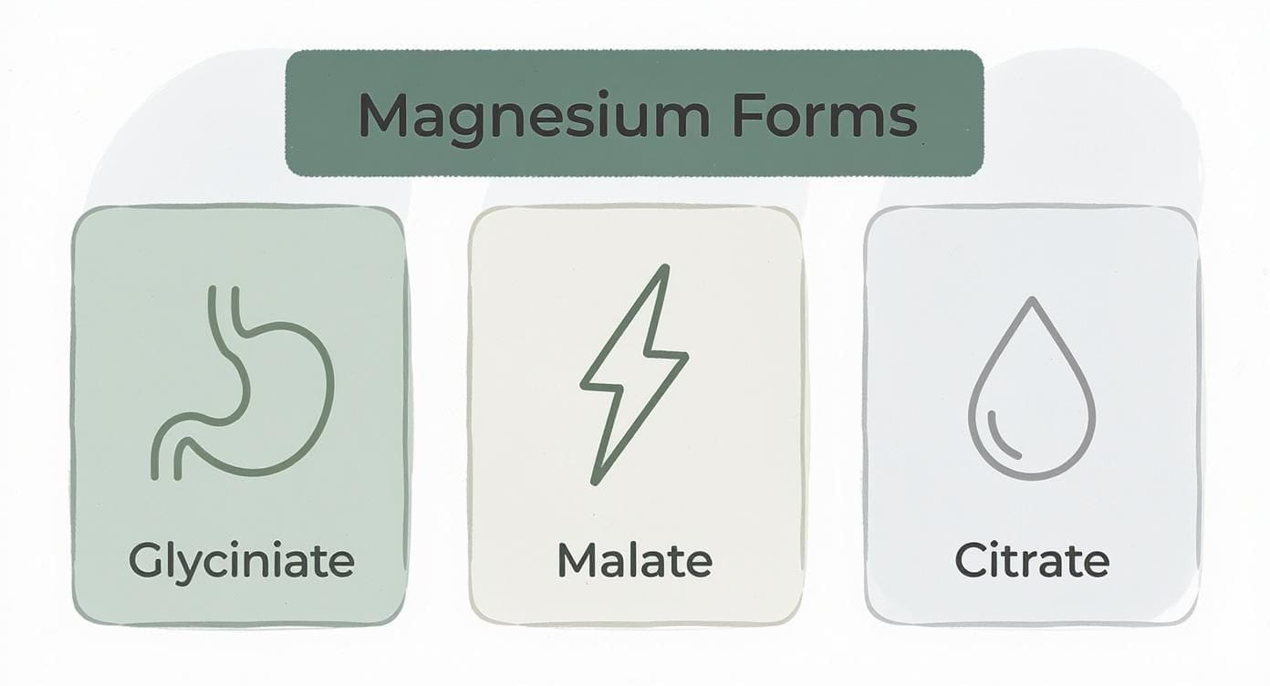 Visual guide to magnesium forms: Glycinate (stomach), Malate (energy), Citrate (hydration).