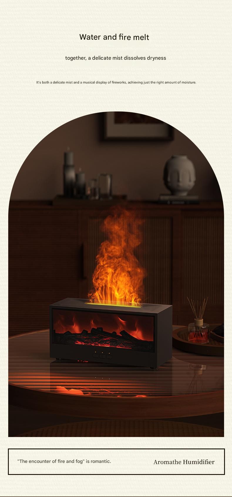 White casing 3D Flame Effect Aroma Diffuser and Humidifier - Desktop Fireplace Design with Realistic LED Fire, 7-Color Mood Lighting, and Silent Ultrasonic Mist - Ideal for Bedroom, Living Room, Office, and Yoga Spaces - Includes Timer and Auto Shut-Off