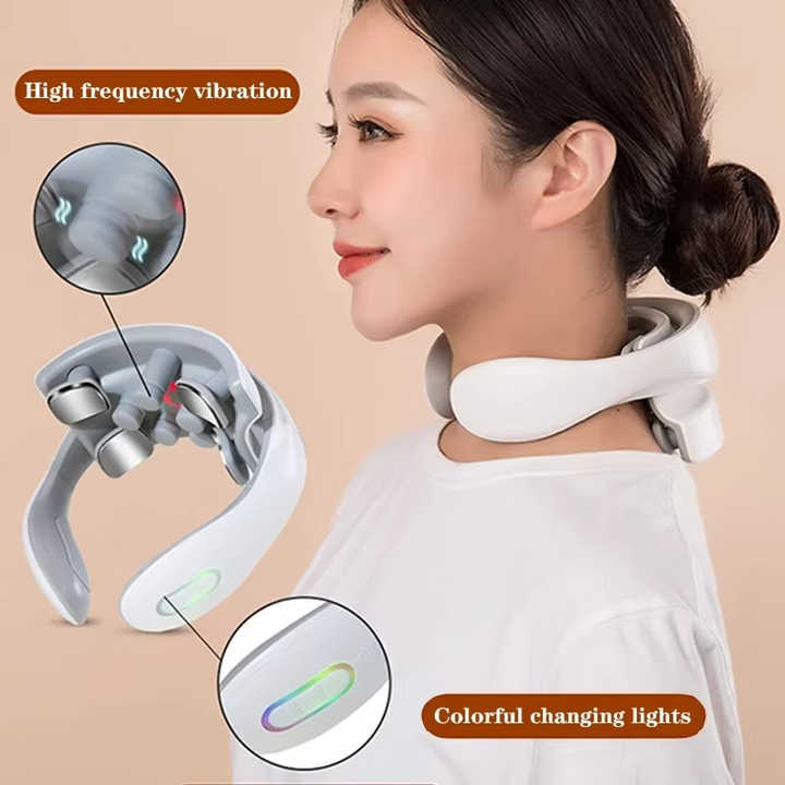 White Portable Electric Neck Therapeutic Massager - Intelligent Pulse Therapy with Heat and 4 Massage Heads