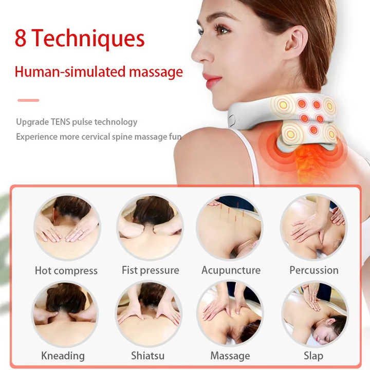 White Portable Electric Neck Therapeutic Massager - Intelligent Pulse Therapy with Heat and 4 Massage Heads