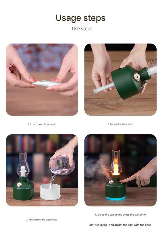 White Retro Kerosene Lamp Ultrasonic Wellness Humidifier - Rechargeable Cool Mist Maker with Dimmable Light