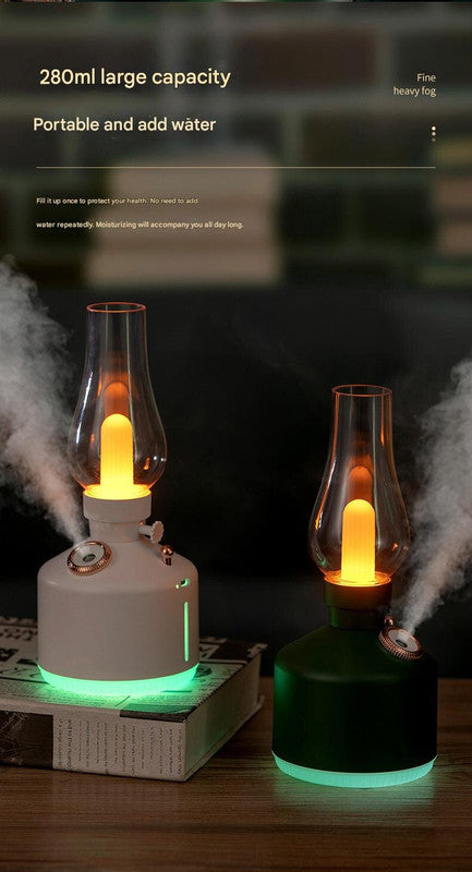 White Retro Kerosene Lamp Ultrasonic Wellness Humidifier - Rechargeable Cool Mist Maker with Dimmable Light