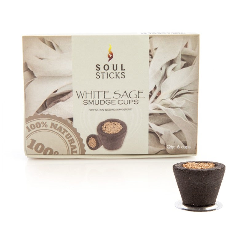 White Sage Resin Incense Smudge Cups in a retail box with one sage incense cup displayed