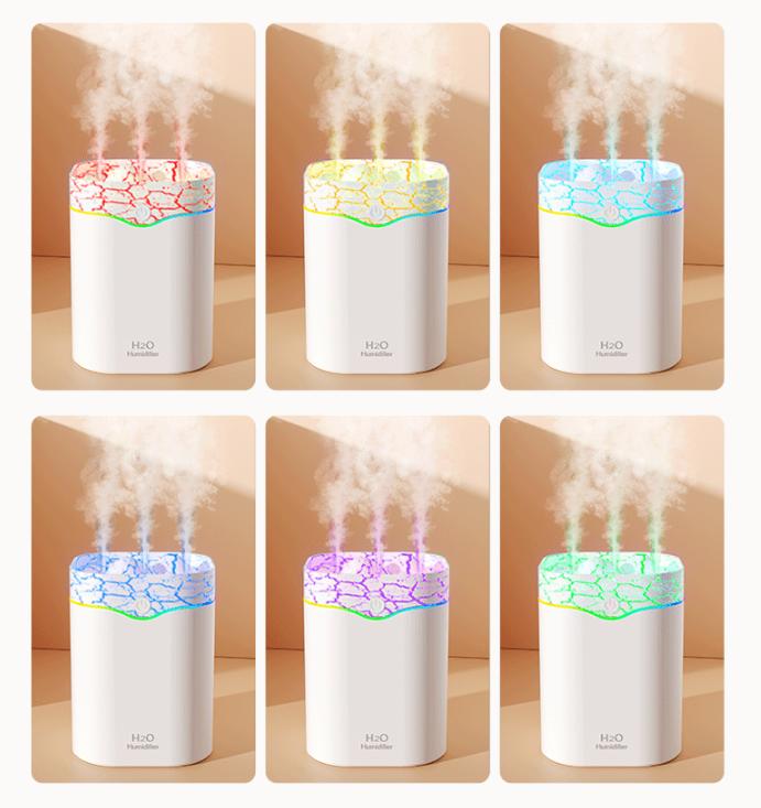 White Volcano Style 2L Cool Mist Ultrasonic Wellness Humidifier - Triple Nozzle with RGB LED & Quiet Operation