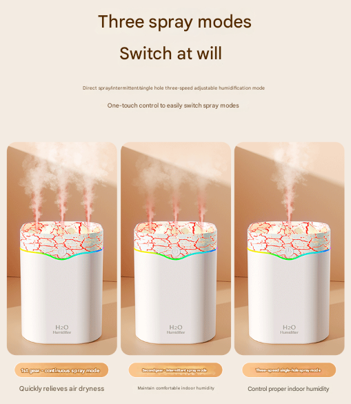 White Volcano Style 2L Cool Mist Ultrasonic Wellness Humidifier - Triple Nozzle with RGB LED & Quiet Operation