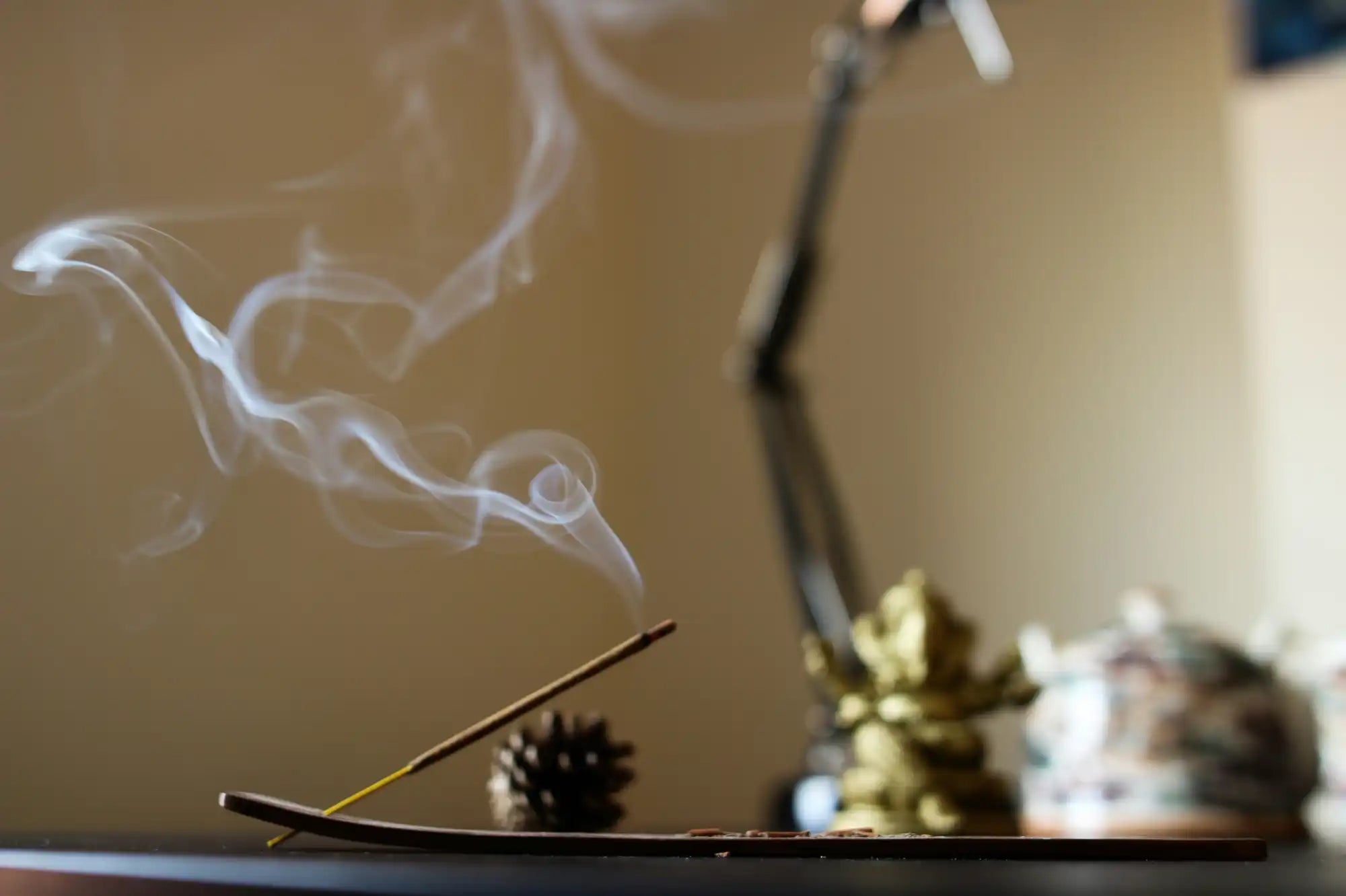 Wispy smoke rises from a burning incense stick.