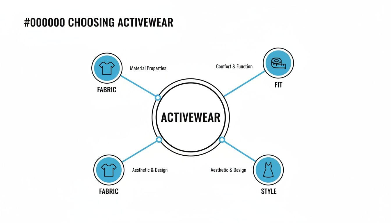 Diagram illustrating key factors for choosing activewear, including Fabric properties, Fit, and Style considerations.