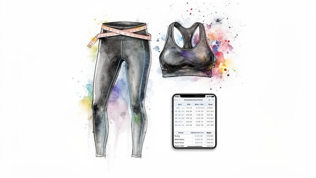 Watercolor illustration of black athletic leggings with a measuring tape, sports bra, and fitness tracking app.