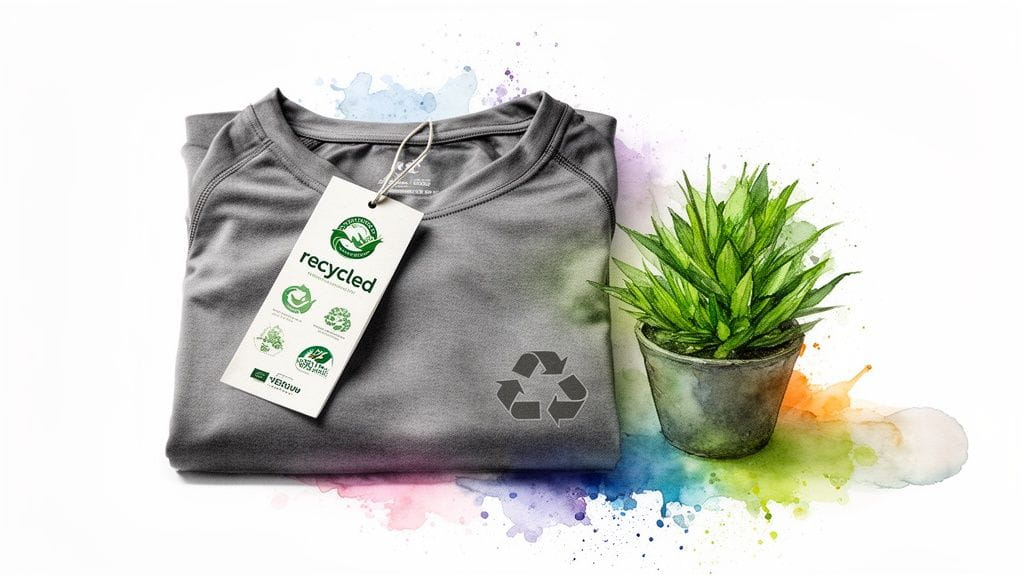 A grey t-shirt with a 'recycled' tag and symbol next to a green plant, on watercolor splashes.