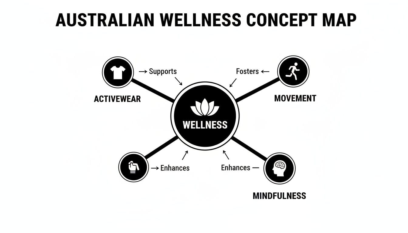Australian Wellness concept map diagram linking activewear, movement, mindfulness, and healthy habits to overall well-being.