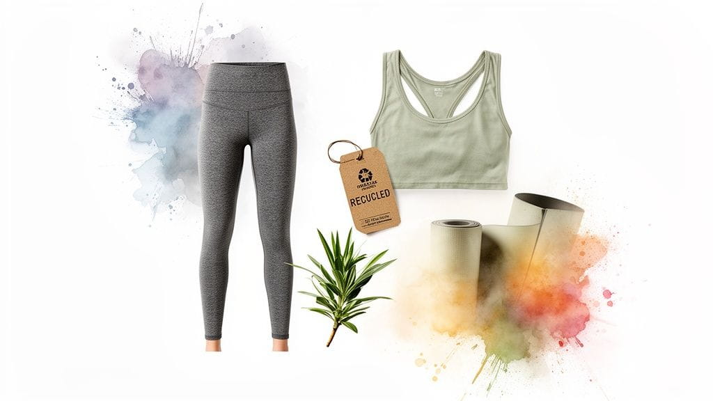 Sustainable activewear featuring grey leggings, a green sports bra, a recycled tag, and yoga mats.