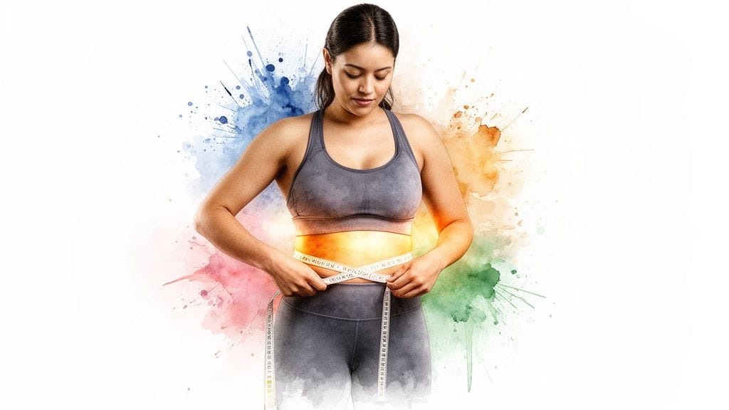A woman in gray activewear measures her waist, surrounded by colorful watercolor splashes, symbolizing fitness and progress.