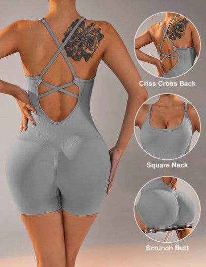 Size M Light Grey Nylon Seamless Yoga Bodysuit - Women’s Athletic Romper Crisscross Back Workout Jumpsuit - Sports &