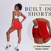 Women's Tennis Skirt with Pockets & Built-in Shorts – High-Waisted Golf Running Skort for Active Lifestyle, Sporty Fitness Wear (Red,XXL)