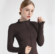 XXL Coffee Brown High-Stretch Slim Fit Premium Yoga Jacket - Full Zip Workout Sports Jacket for Women