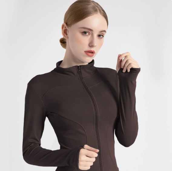 XXL Coffee Brown High-Stretch Slim Fit Premium Yoga Jacket - Full Zip Workout Sports Jacket for Women