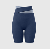 XXXL Blue Color-Block High-Waist Yoga Shorts - Seamless Scrunch Butt Anti-Chafing Workout Shorts