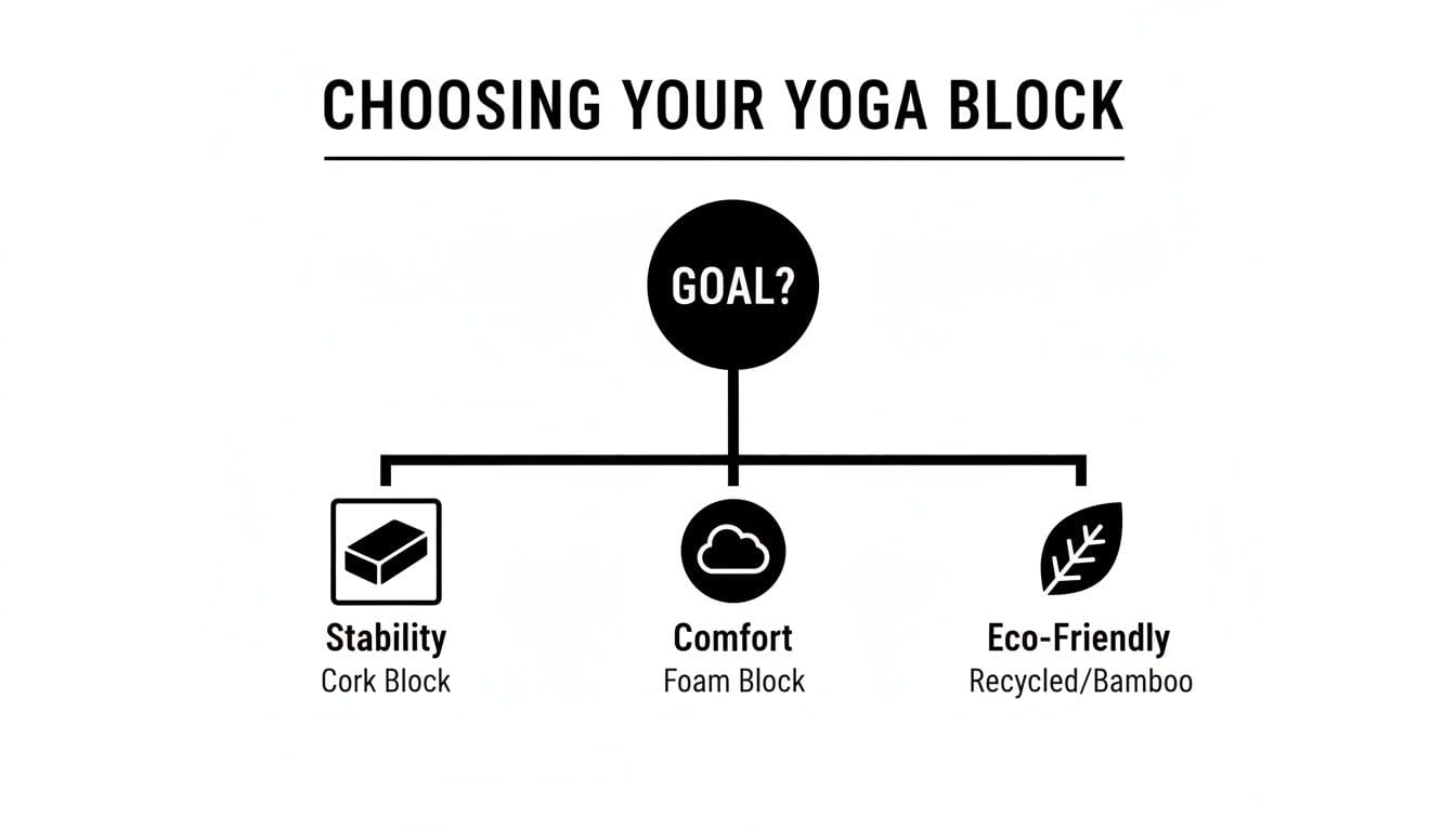 A helpful guide for choosing your yoga block based on desired goals: stability, comfort, or eco-friendly.