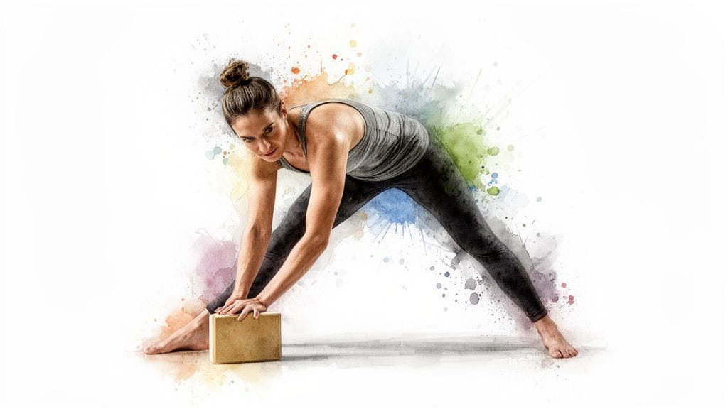 Strong woman in yoga attire using a block for a deep stretch against a colorful splash background.