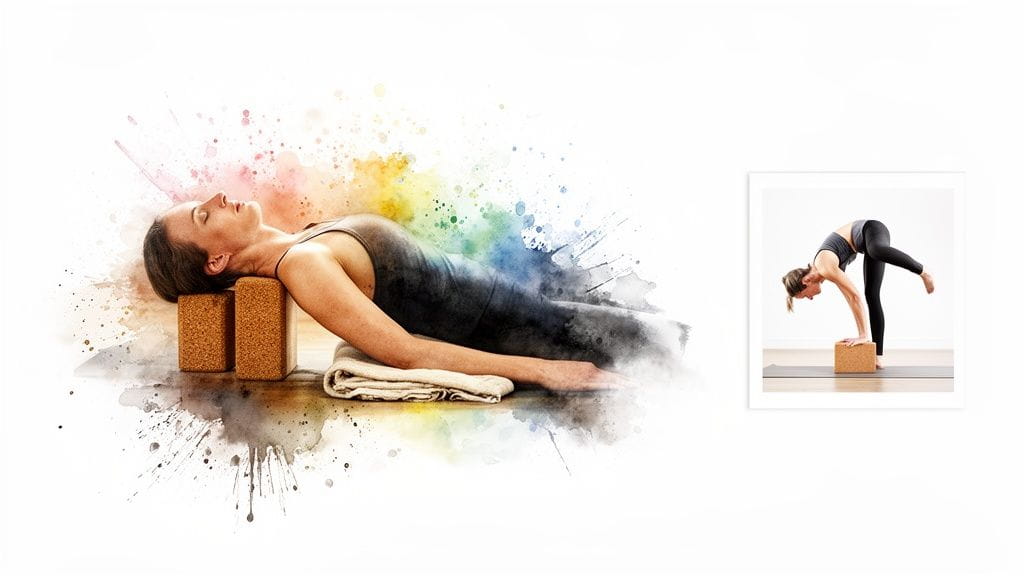 Two women demonstrating yoga poses with cork blocks, one in a restorative pose, another in a balancing pose.