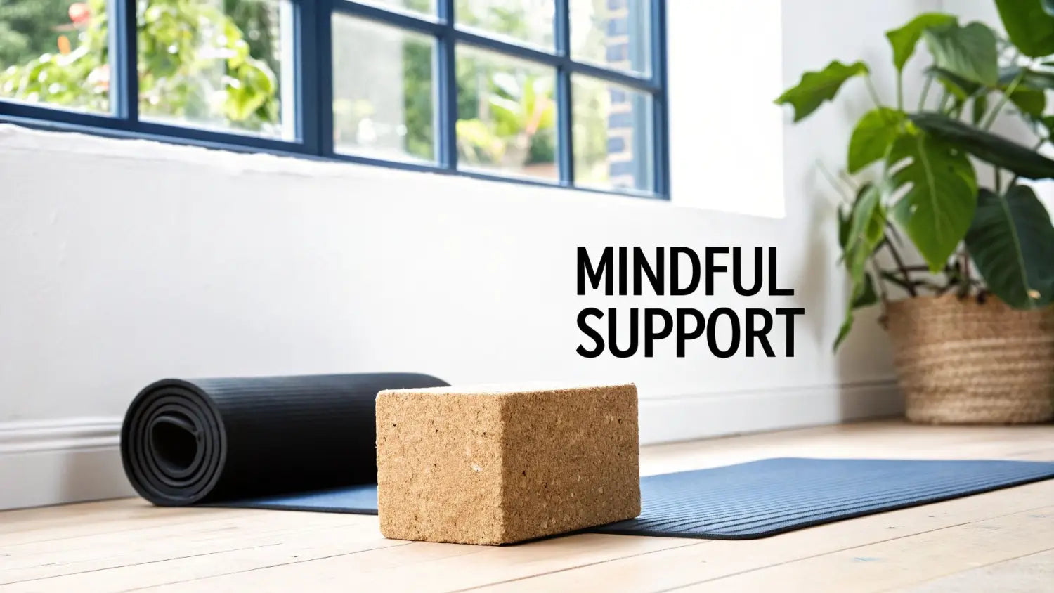 Cork yoga block and rolled mat on wooden floor with mindful support text and indoor plants