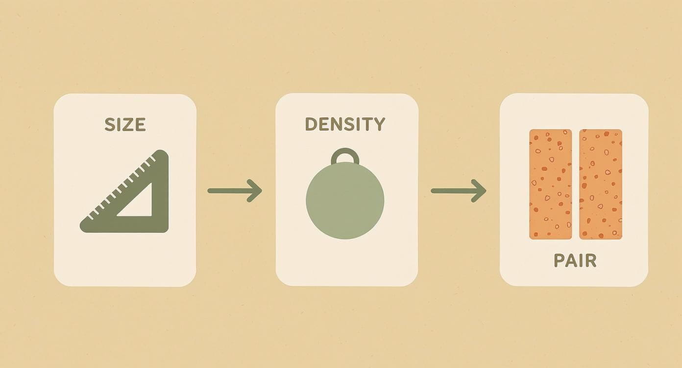 Infographic showing three factors for yoga cork blocks: size with ruler, density with weight, and pair of blocks