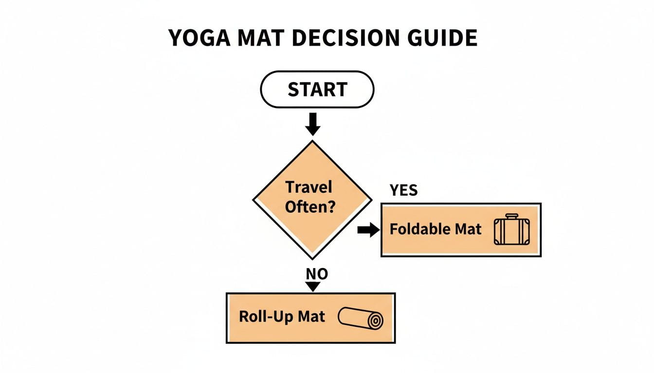A flowchart guiding the decision between a foldable or roll-up yoga mat based on travel frequency.