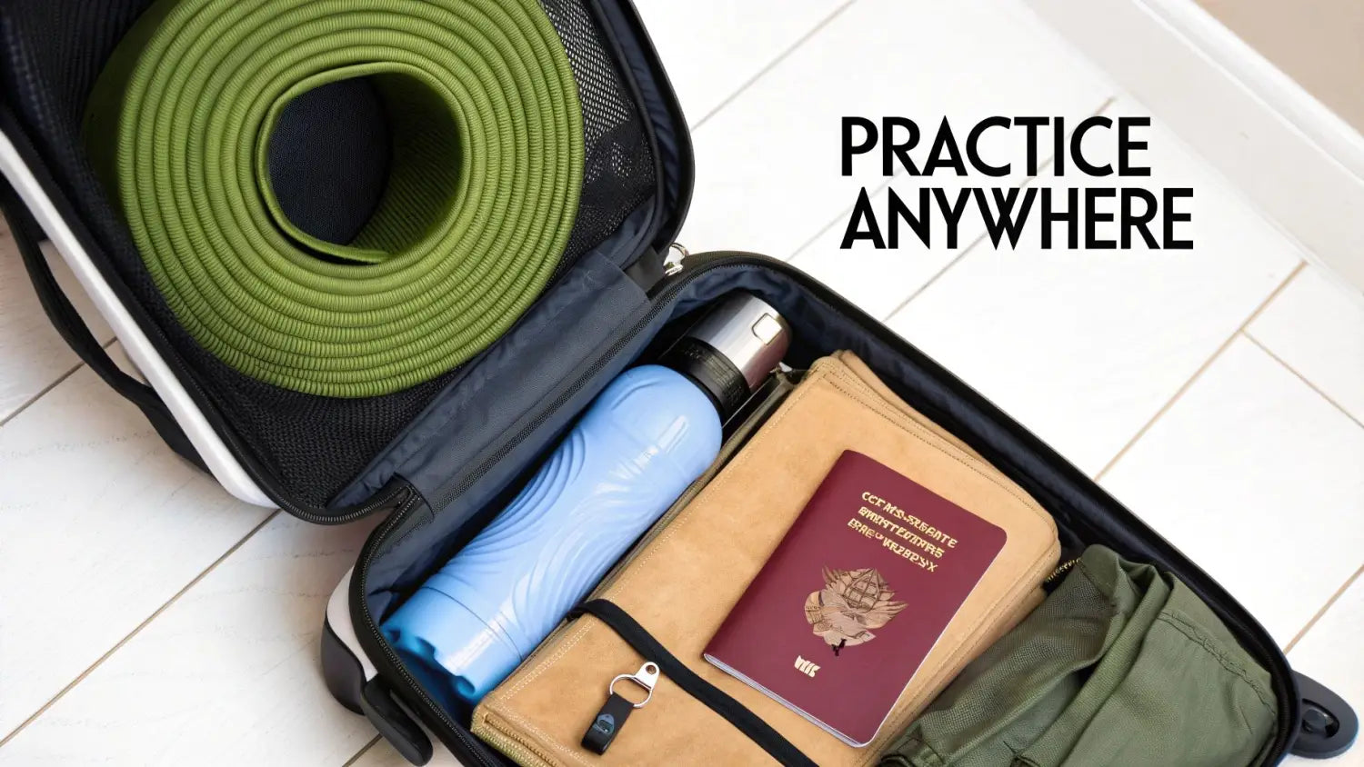 An open travel suitcase packed with a rolled green yoga mat, blue water bottle, and passport.