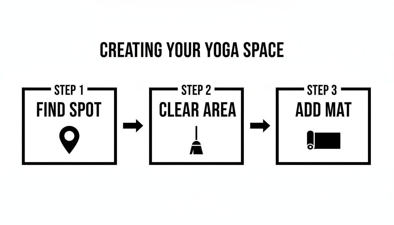A three-step guide to creating a yoga space at home: find a spot, clear the area, and add a mat.