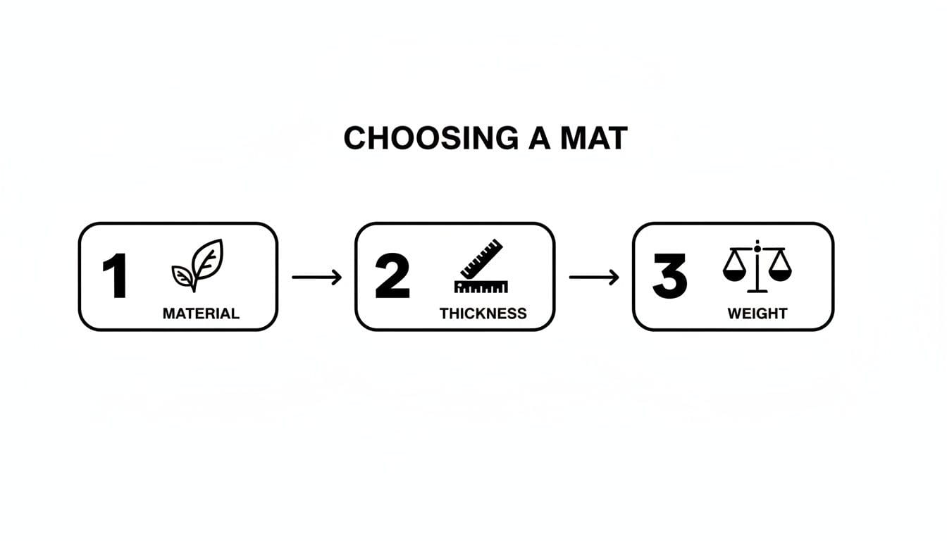 Flowchart illustrating three key steps to choose a yoga mat: material, thickness, and weight.