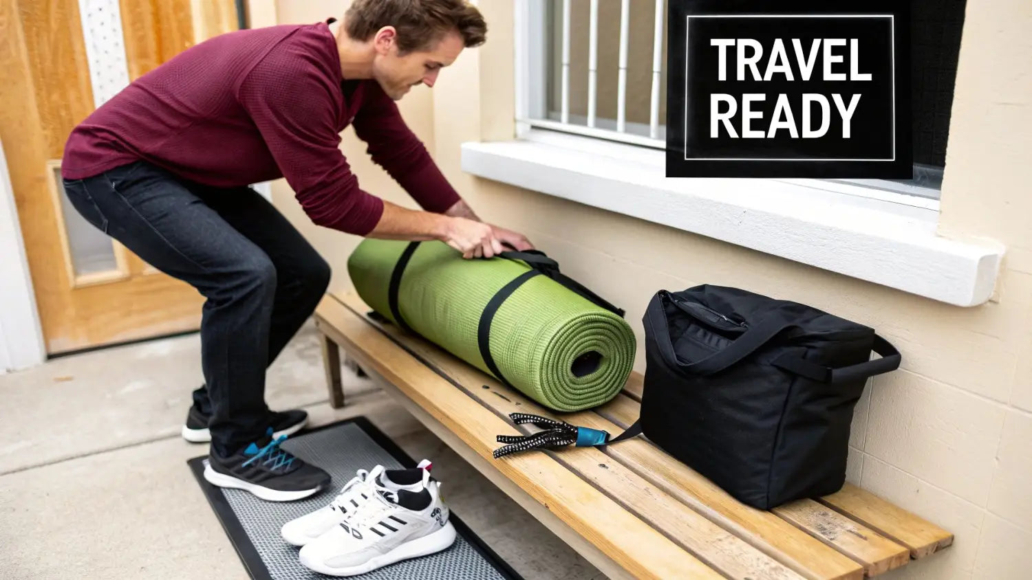 A man adjusts a rolled green yoga mat on a bench with a gym bag and shoes.
