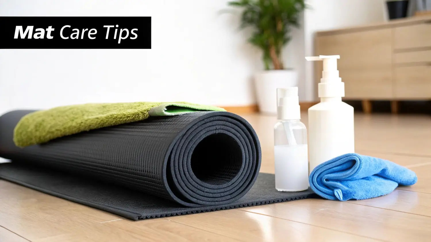 Rolled black yoga mat with a green towel, cleaning spray bottles, and a blue towel on a wooden floor. Text says 'Mat Care Tips'.