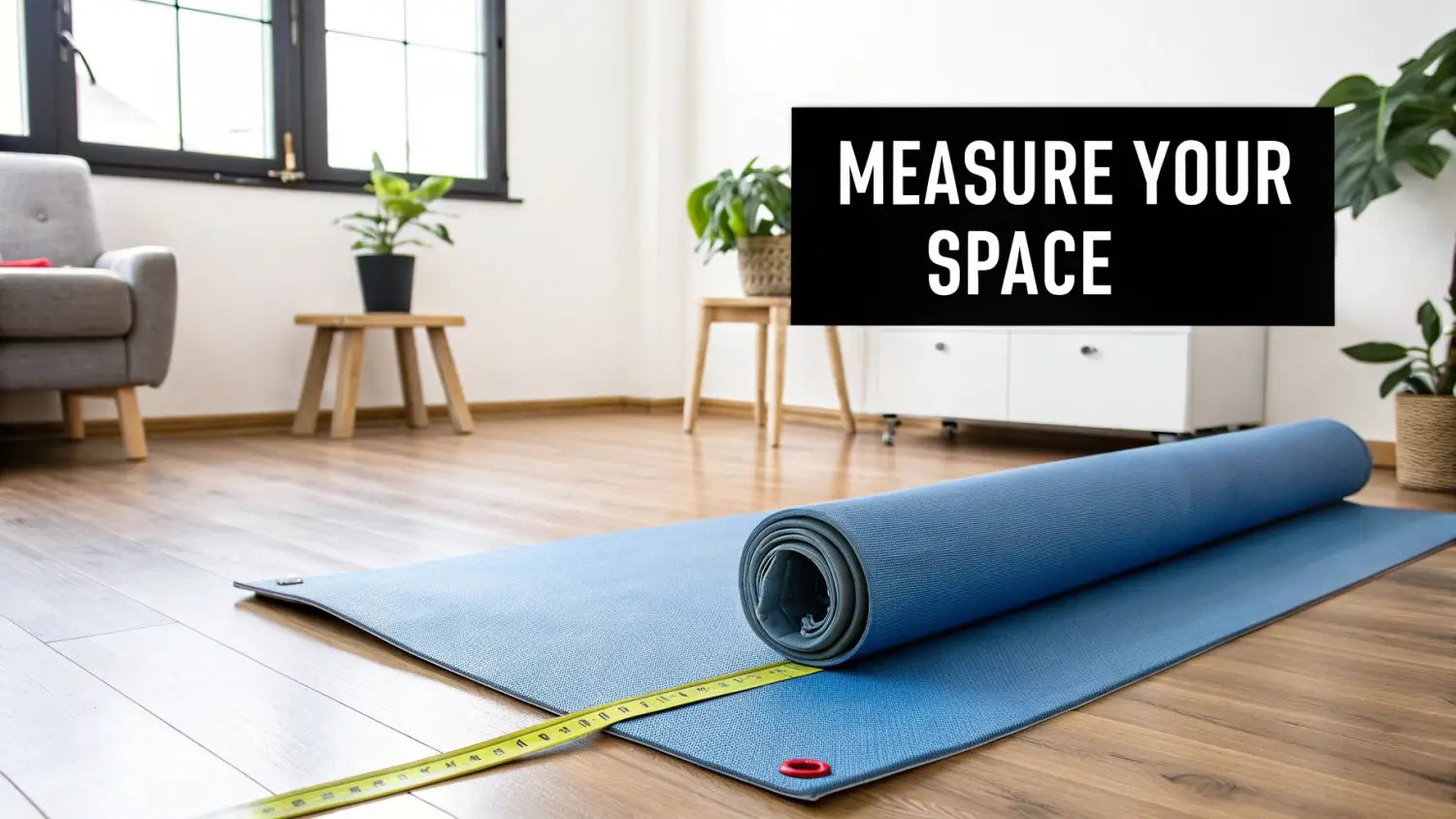 A blue yoga mat partially unrolled on a wooden floor with a measuring tape, in a room with plants and text 'Measure Your Space'.