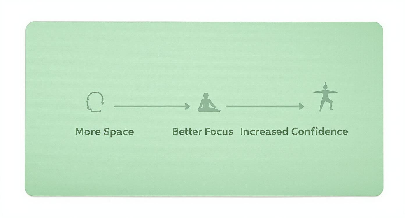 Green yoga mat illustrating a journey from 'More Space' to 'Better Focus' and 'Increased Confidence' with icons.