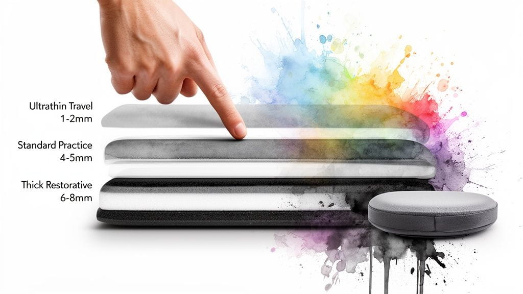 A hand touches three yoga mats of varying thicknesses: Ultrathin Travel, Standard Practice, and Thick Restorative.