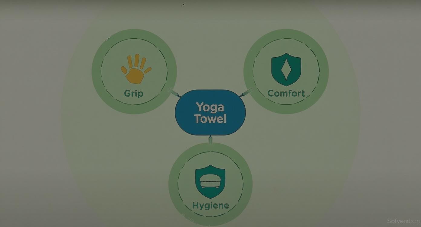 Diagram illustrating the key benefits of a yoga towel: enhanced grip, improved comfort, and better hygiene.