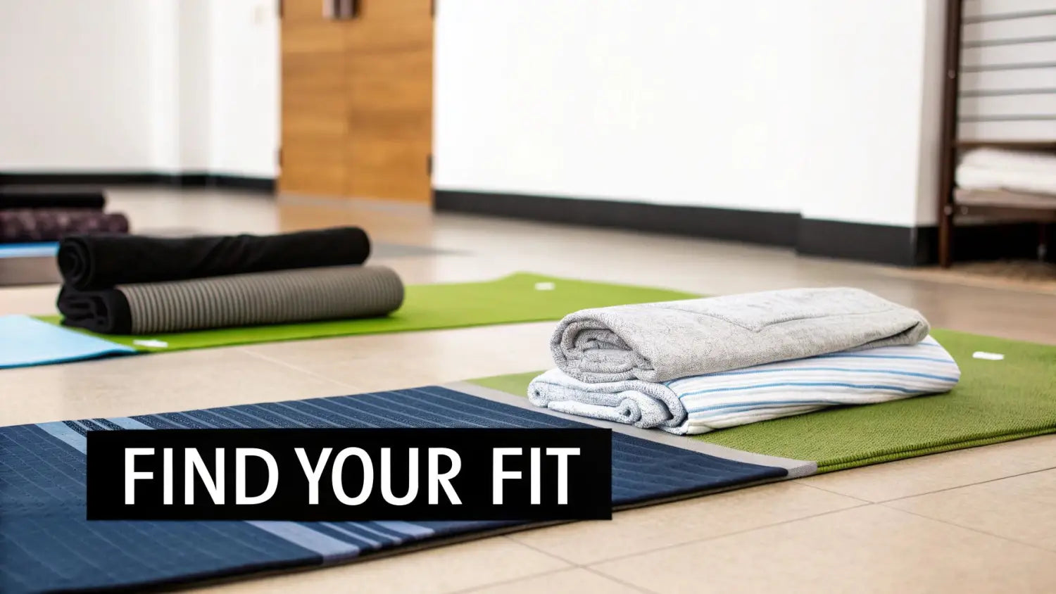 Multiple yoga mats and neatly folded towels laid out on the floor of a bright fitness studio.