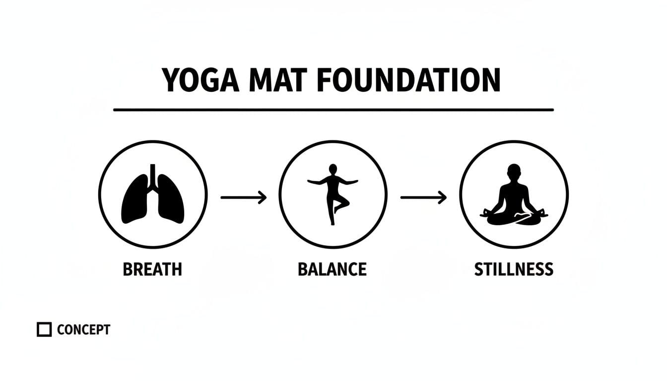 A diagram illustrates the yoga mat foundation: breath, balance, and stillness sequence.