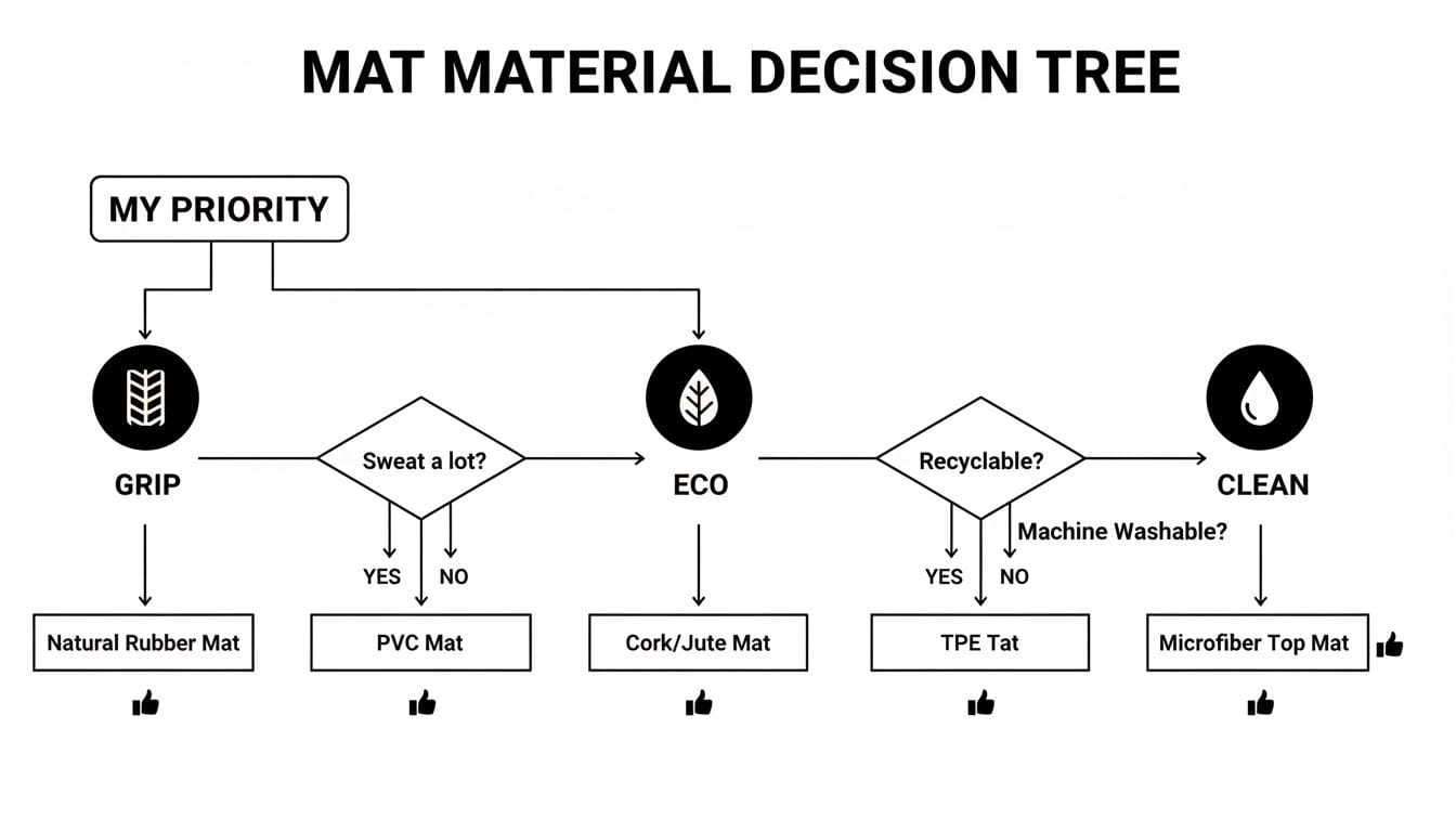Decision tree for selecting a yoga mat material based on grip, eco-friendliness, and cleanliness.