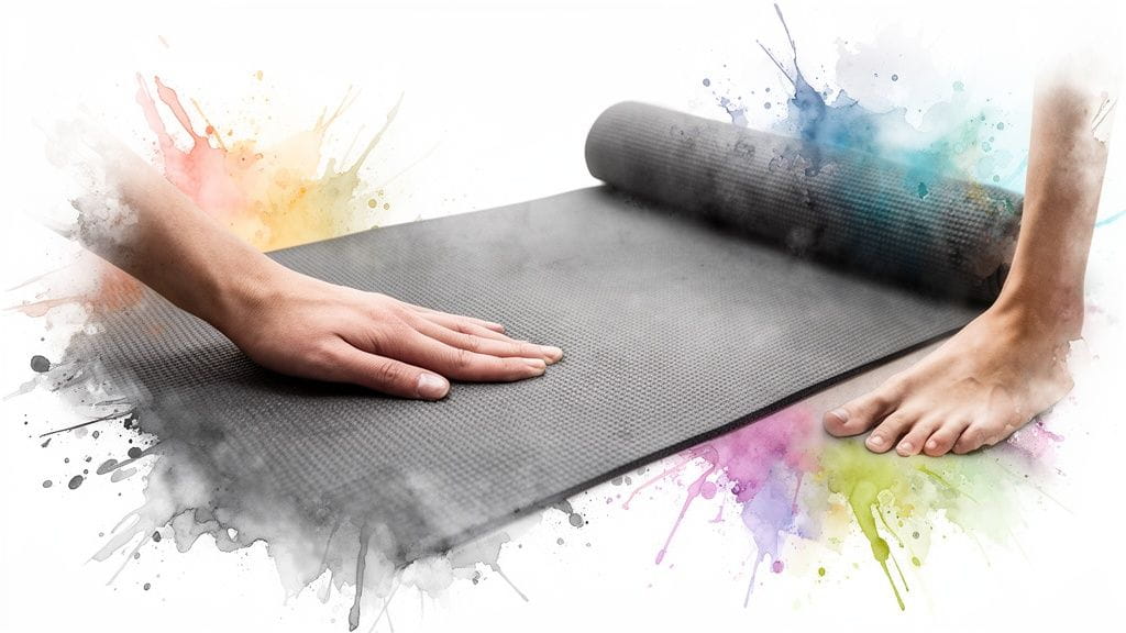 A hand touches a grey yoga mat unrolling next to a bare foot, with colorful watercolor accents.