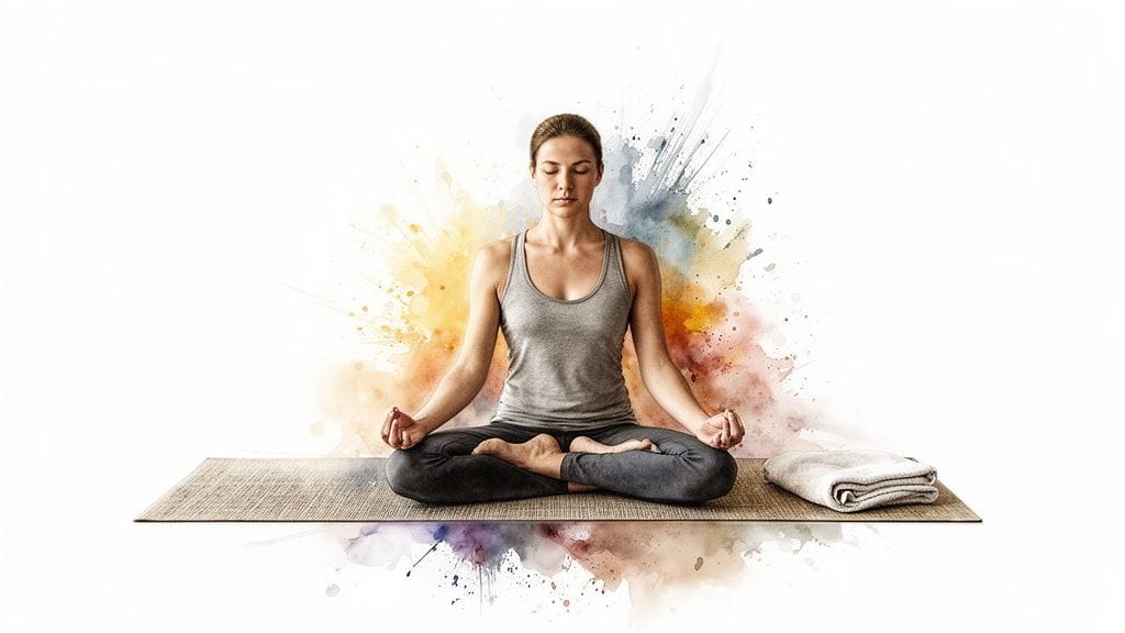 Woman meditating in lotus pose on a yoga mat, with colorful watercolor background splashes.