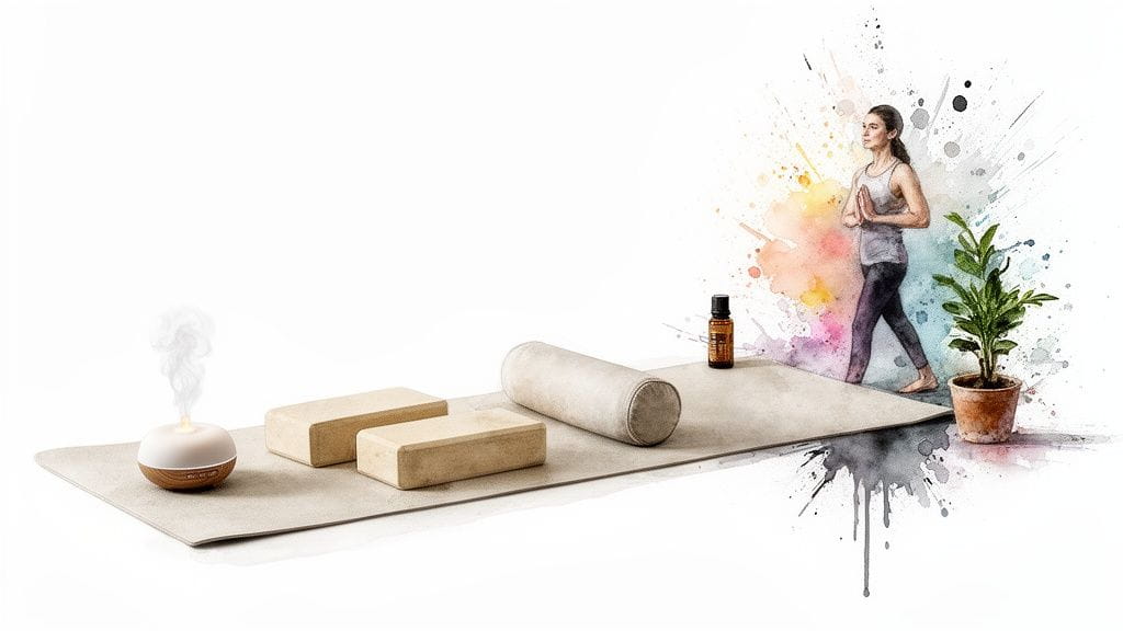 A yoga mat with blocks, bolster, diffuser, and essential oil, next to a woman doing yoga.