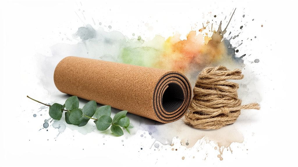 A cork yoga mat, eucalyptus branch, and twine on a white background with watercolor splashes.